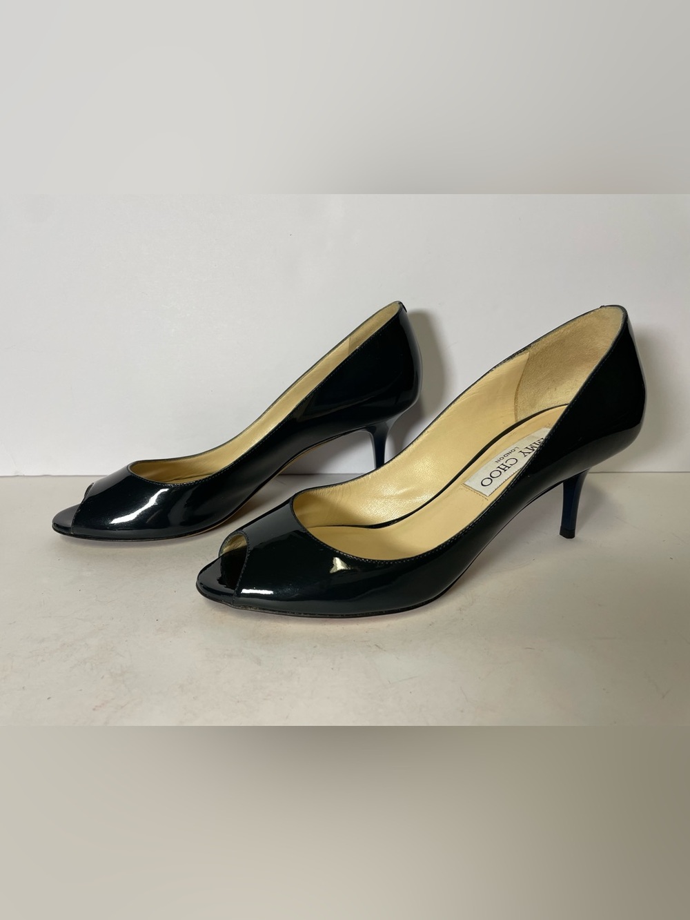 Jimmy Choo Women's Blue Patent Peep-Toe Kitten Heels 36